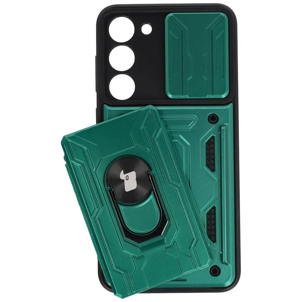 Etui Bizon Case Camshield Card Slot Ring do Samsung Galaxy S23 Plus zielone