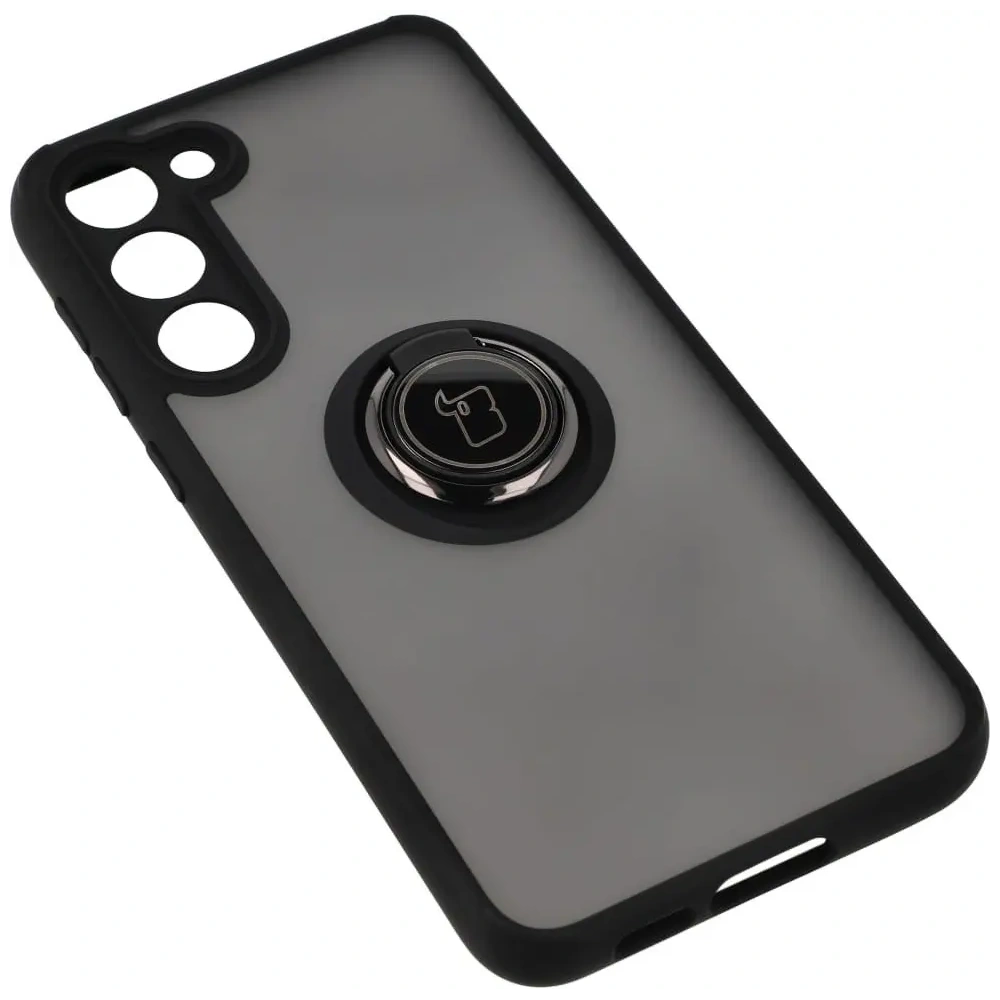 Etui z uchwytem na palec Bizon Case Hybrid Ring do Samsung Galaxy S23 Plus przydymione z czarną ramką