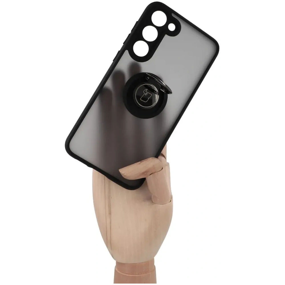 Etui z uchwytem na palec Bizon Case Hybrid Ring do Samsung Galaxy S23 Plus przydymione z czarną ramką
