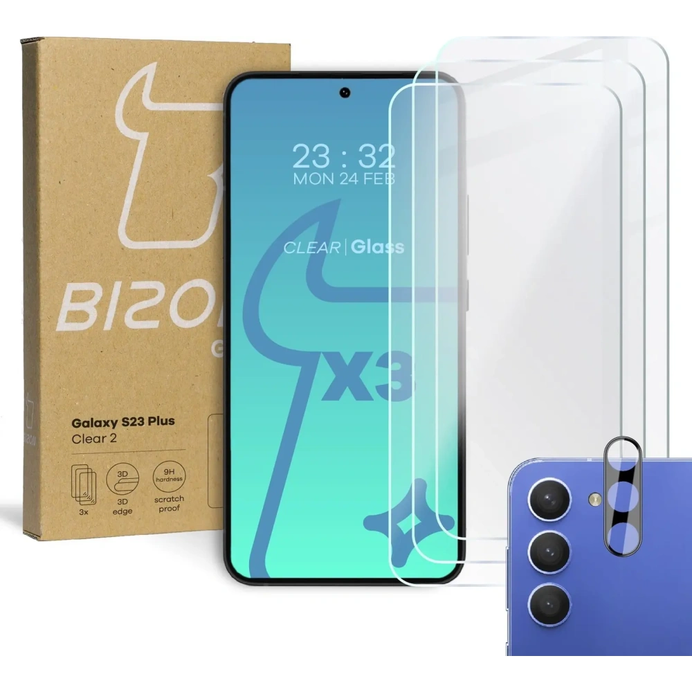 3x Szkło na ekran + szkło na aparat BIZON Clear 2 do Samsung Galaxy S23 Plus
