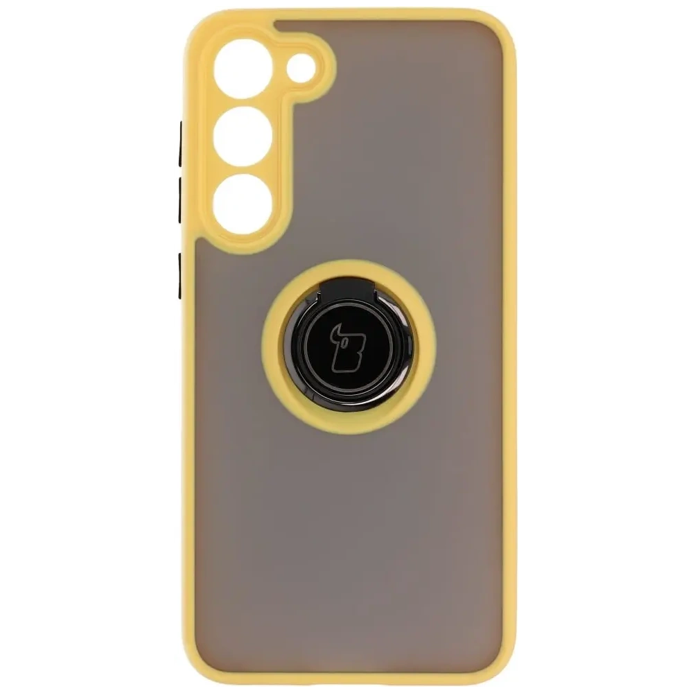 Etui z uchwytem na palec Bizon Case Hybrid Ring do Samsung Galaxy S23 Plus przydymione z żółtą ramką