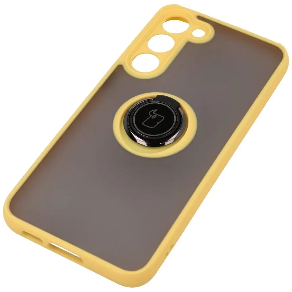 Etui z uchwytem na palec Bizon Case Hybrid Ring do Samsung Galaxy S23 Plus przydymione z żółtą ramką