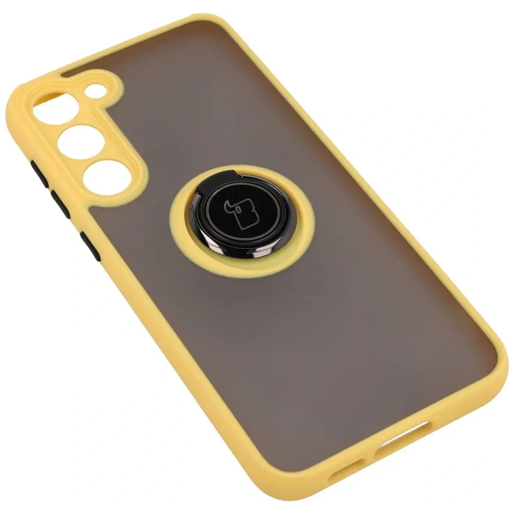 Etui z uchwytem na palec Bizon Case Hybrid Ring do Samsung Galaxy S23 Plus przydymione z żółtą ramką