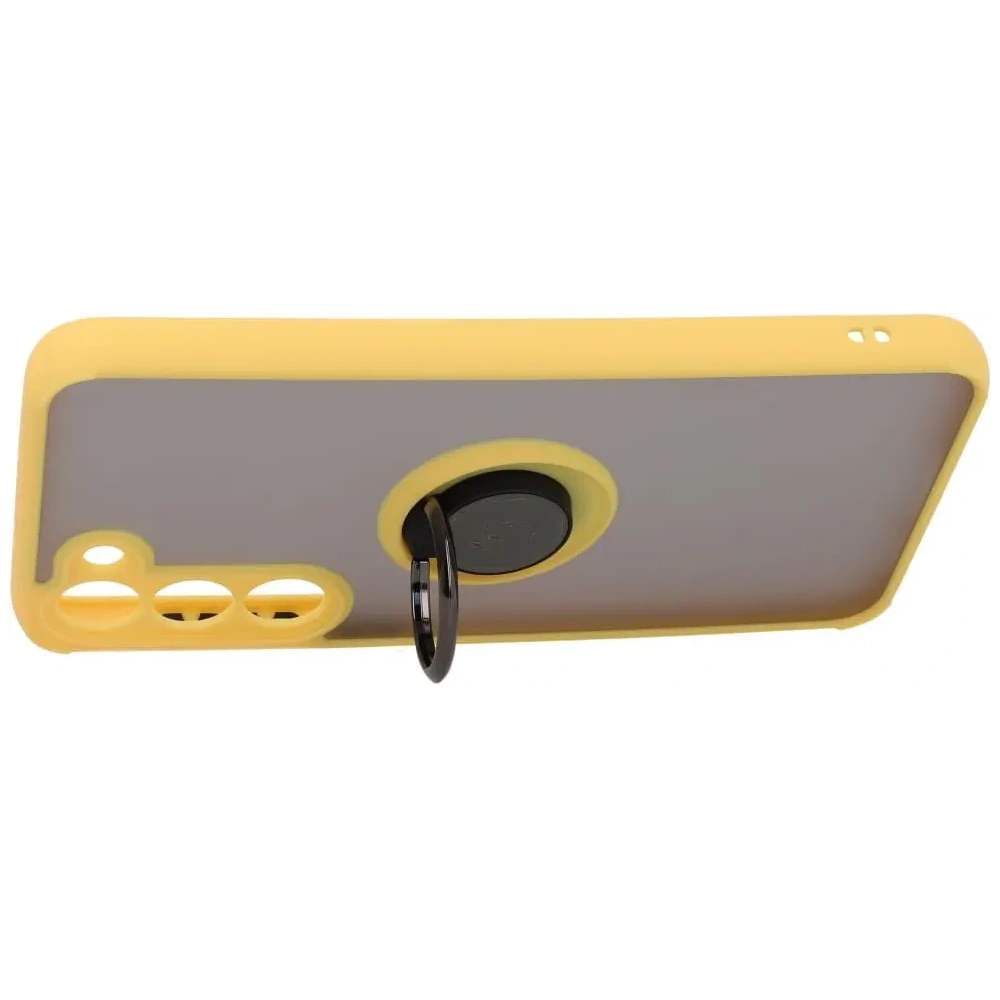 Etui z uchwytem na palec Bizon Case Hybrid Ring do Samsung Galaxy S23 Plus przydymione z żółtą ramką