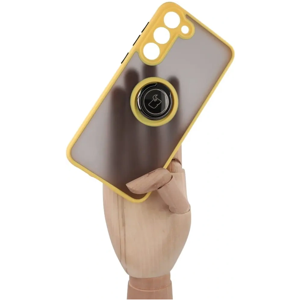 Etui z uchwytem na palec Bizon Case Hybrid Ring do Samsung Galaxy S23 Plus przydymione z żółtą ramką