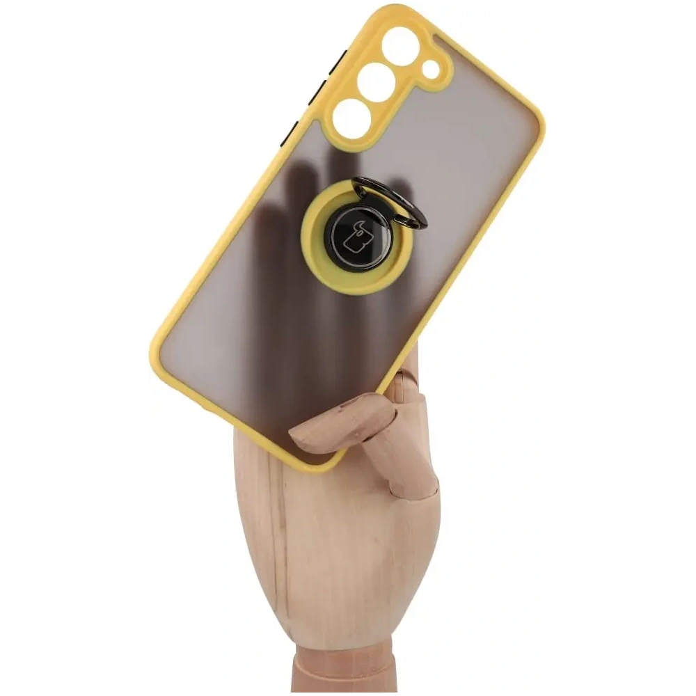 Etui z uchwytem na palec Bizon Case Hybrid Ring do Samsung Galaxy S23 Plus przydymione z żółtą ramką