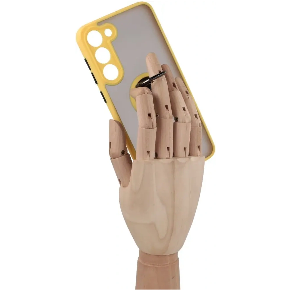 Etui z uchwytem na palec Bizon Case Hybrid Ring do Samsung Galaxy S23 Plus przydymione z żółtą ramką