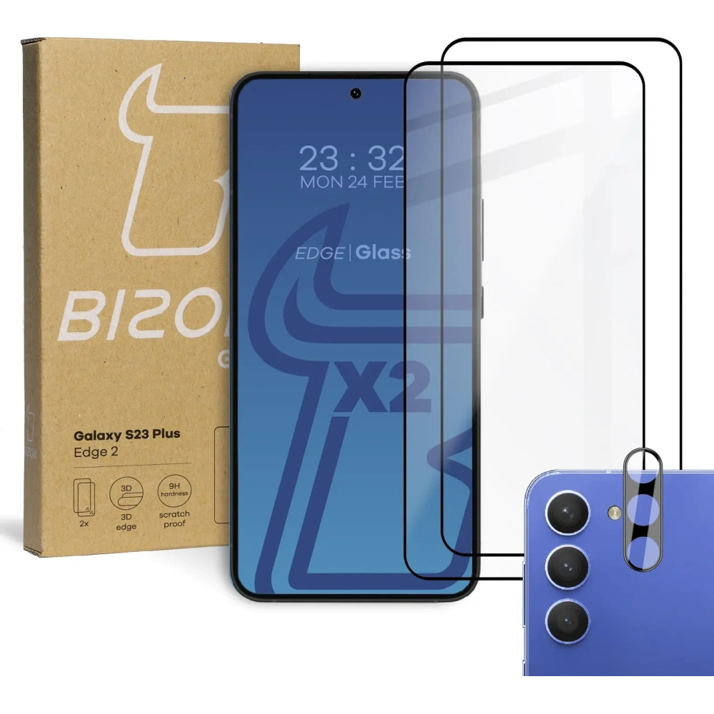 2x Szkło na ekran + szkło na aparat BIZON Edge 2 do Samsung Galaxy S23 Plus
