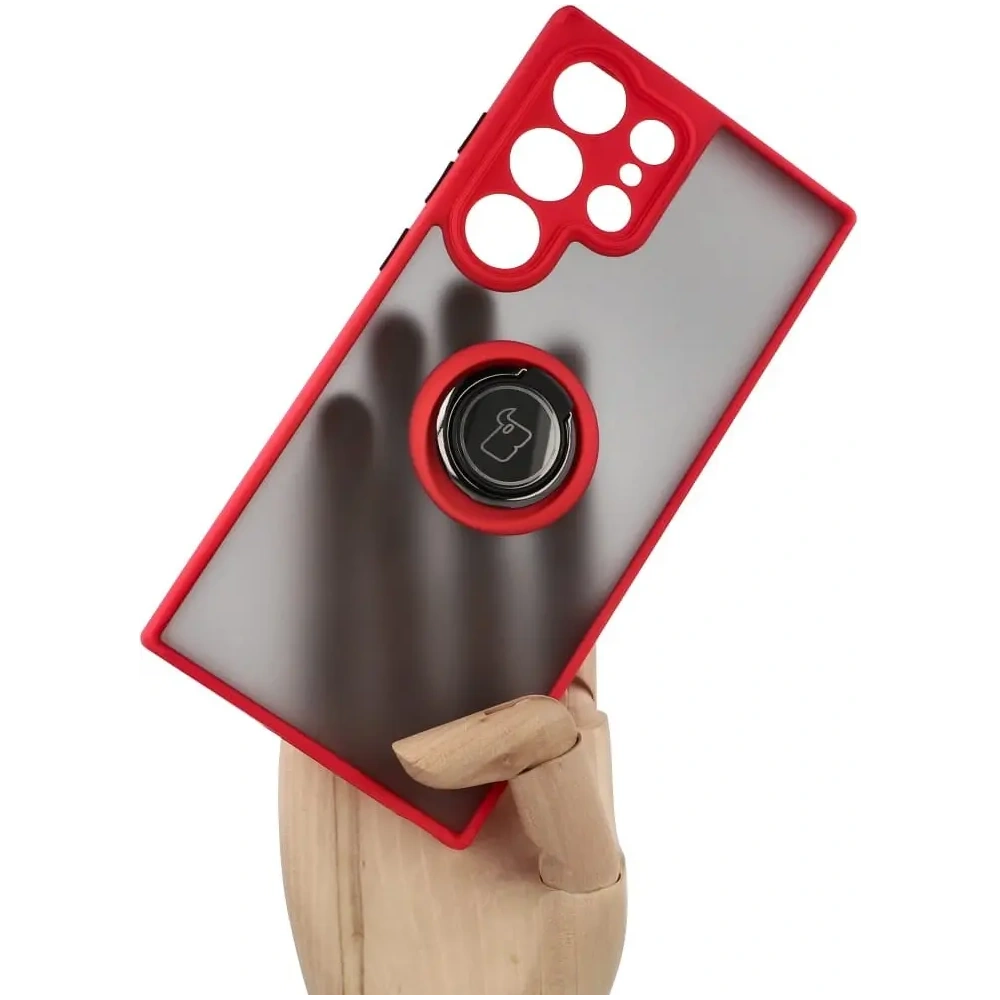 Etui z uchwytem na palec Bizon Case Hybrid Ring do Samsung Galaxy S23 Ultra przydymione z czerwoną ramką