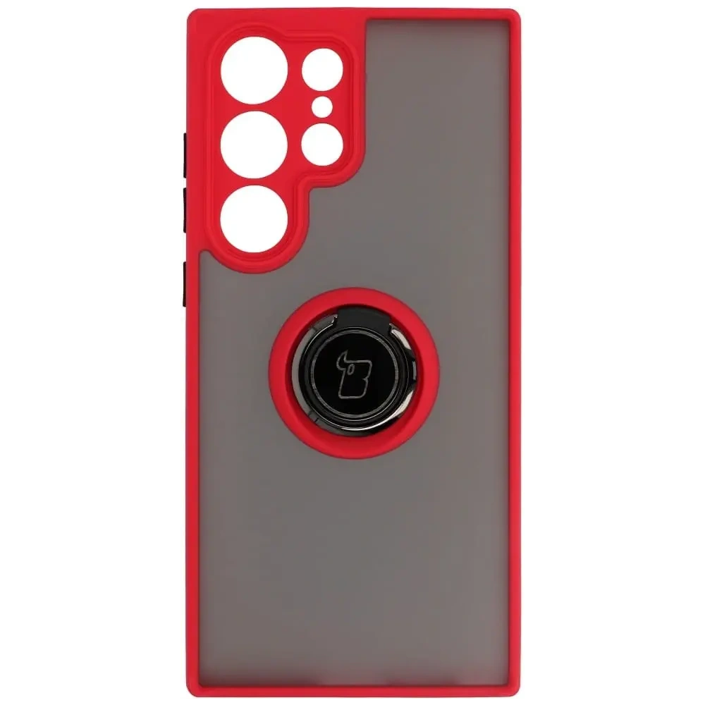 Etui z uchwytem na palec Bizon Case Hybrid Ring do Samsung Galaxy S23 Ultra przydymione z czerwoną ramką