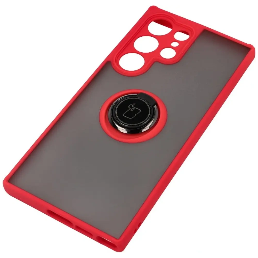 Etui z uchwytem na palec Bizon Case Hybrid Ring do Samsung Galaxy S23 Ultra przydymione z czerwoną ramką