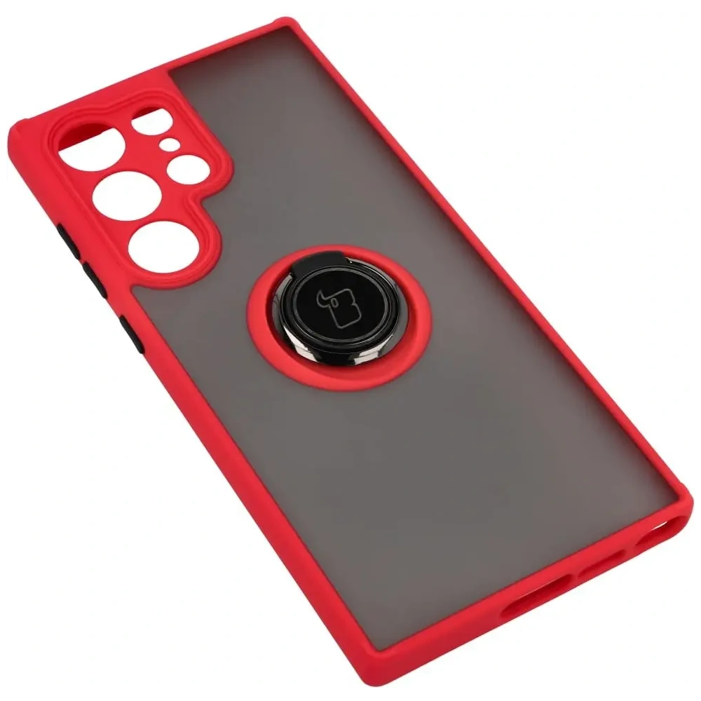 Etui z uchwytem na palec Bizon Case Hybrid Ring do Samsung Galaxy S23 Ultra przydymione z czerwoną ramką
