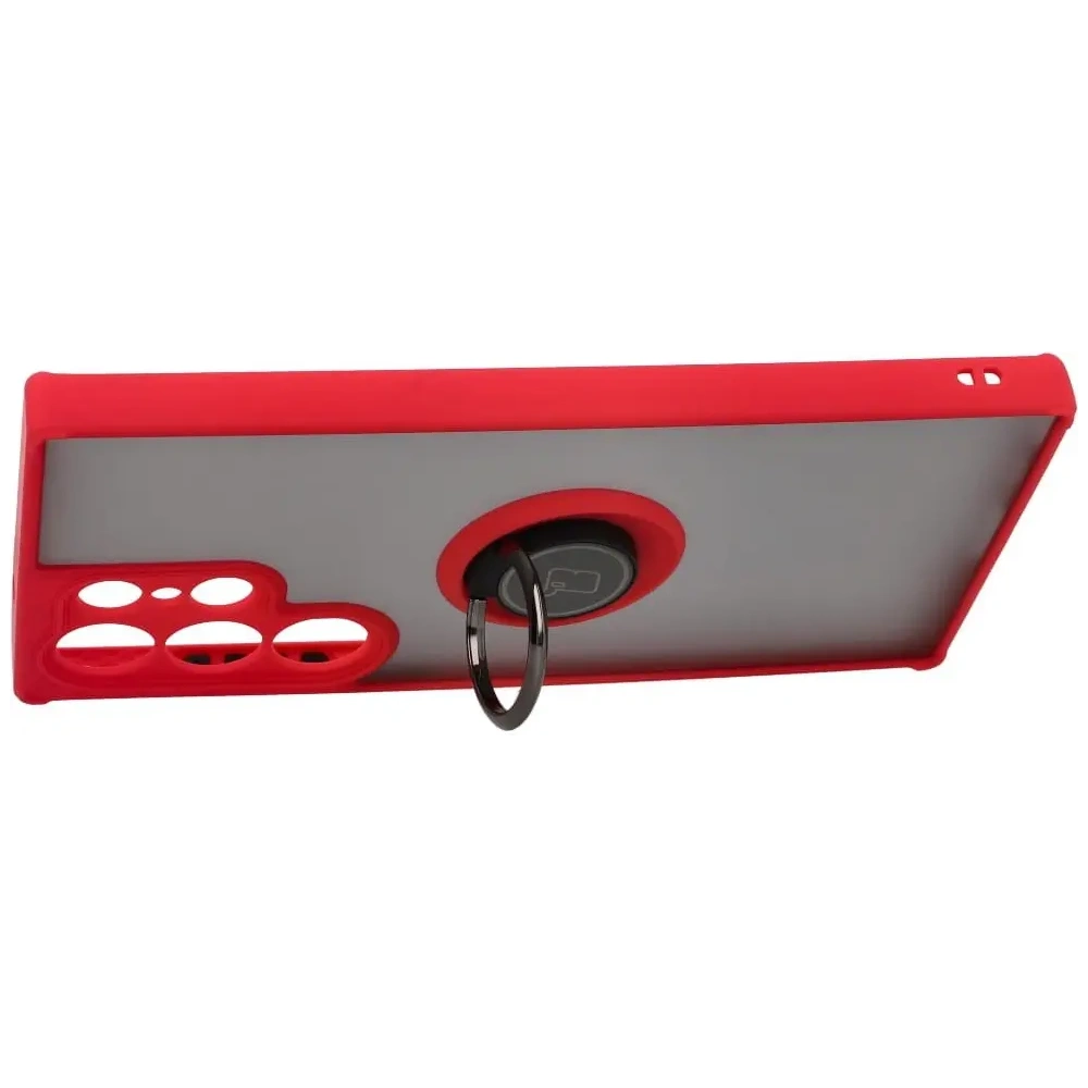 Etui z uchwytem na palec Bizon Case Hybrid Ring do Samsung Galaxy S23 Ultra przydymione z czerwoną ramką