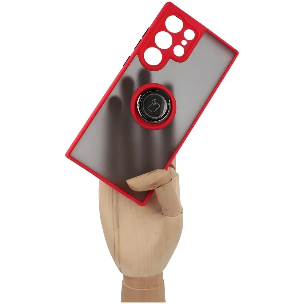 Etui z uchwytem na palec Bizon Case Hybrid Ring do Samsung Galaxy S23 Ultra przydymione z czerwoną ramką