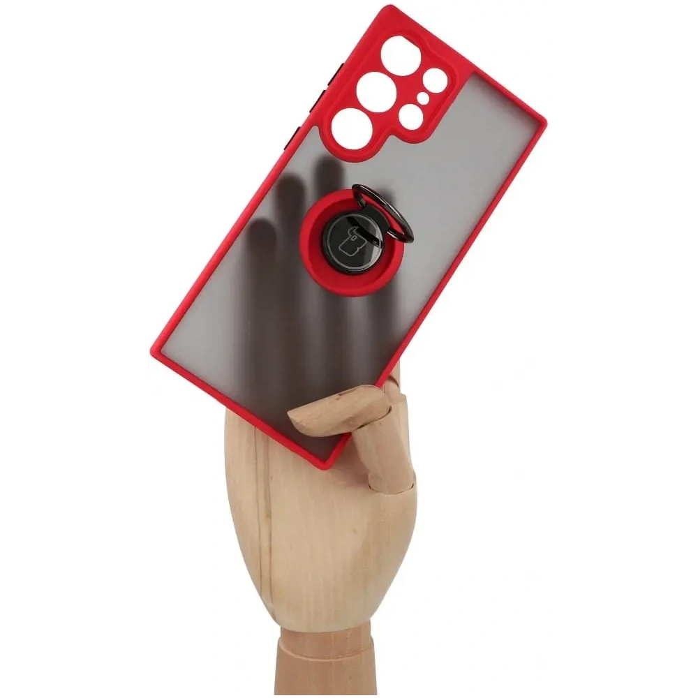 Etui z uchwytem na palec Bizon Case Hybrid Ring do Samsung Galaxy S23 Ultra przydymione z czerwoną ramką