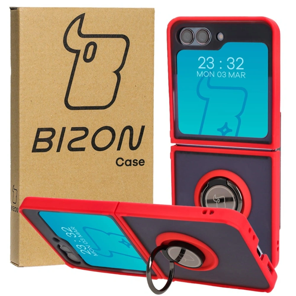 Etui z uchwytem na palec Bizon Case Hybrid Ring do Samsung Galaxy Z Flip5 przydymione z czerwoną ramką