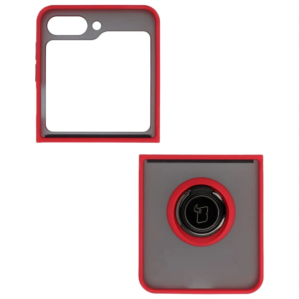 Etui z uchwytem na palec Bizon Case Hybrid Ring do Samsung Galaxy Z Flip5 przydymione z czerwoną ramką