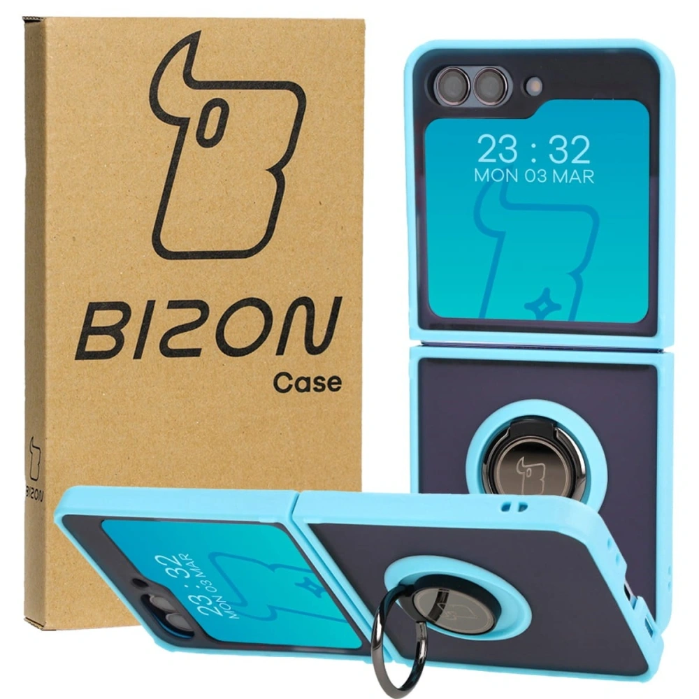 Etui z uchwytem na palec Bizon Case Hybrid Ring do Samsung Galaxy Z Flip5 przydymione z jasnoniebieską ramką