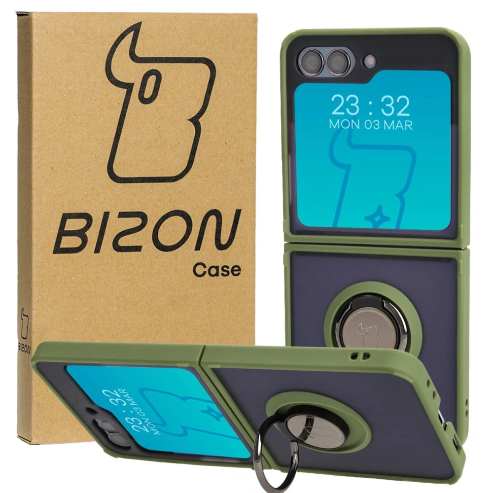 Etui z uchwytem na palec Bizon Case Hybrid Ring do Samsung Galaxy Z Flip5 przydymione z zieloną ramką