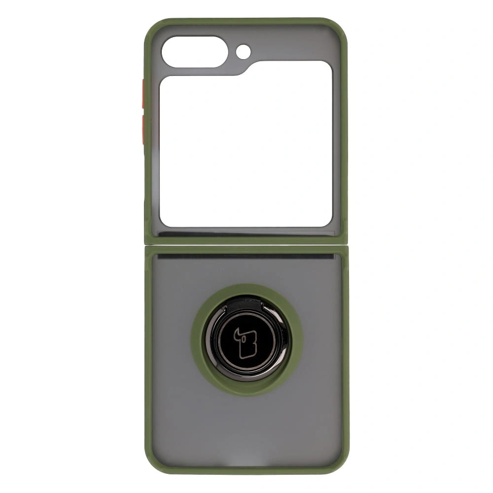 Etui z uchwytem na palec Bizon Case Hybrid Ring do Samsung Galaxy Z Flip5 przydymione z zieloną ramką