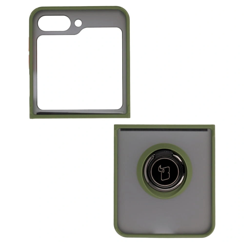 Etui z uchwytem na palec Bizon Case Hybrid Ring do Samsung Galaxy Z Flip5 przydymione z zieloną ramką
