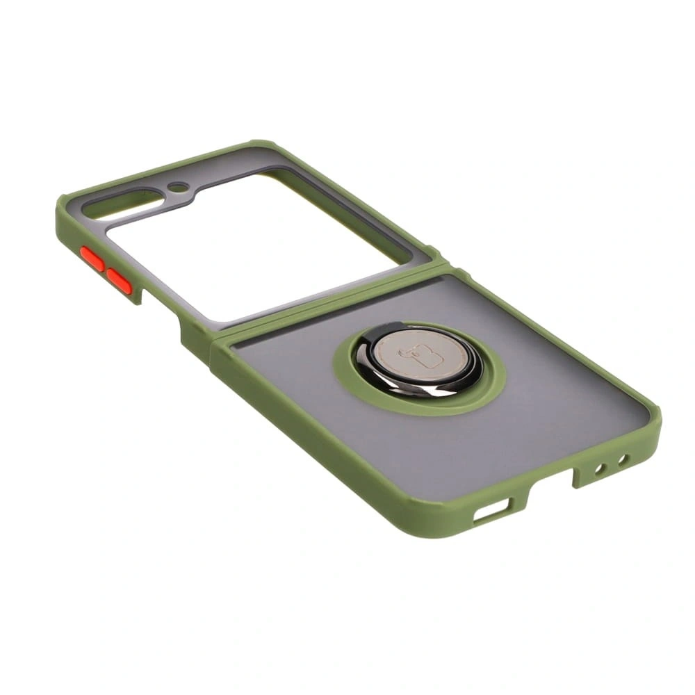 Etui z uchwytem na palec Bizon Case Hybrid Ring do Samsung Galaxy Z Flip5 przydymione z zieloną ramką