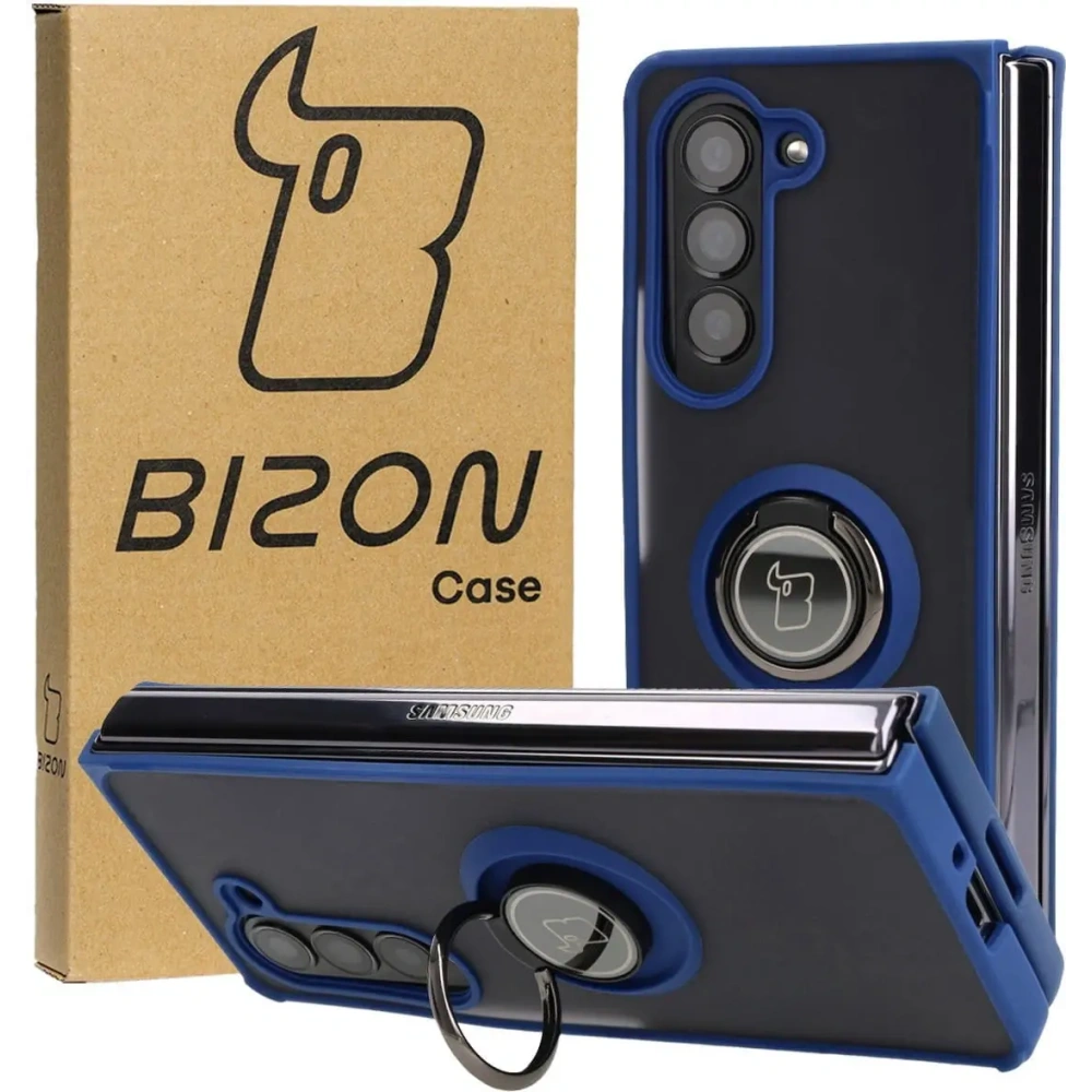 Etui z uchwytem na palec Bizon Case Hybrid Ring do Samsung Galaxy Z Fold5 przydymione z granatową ramką