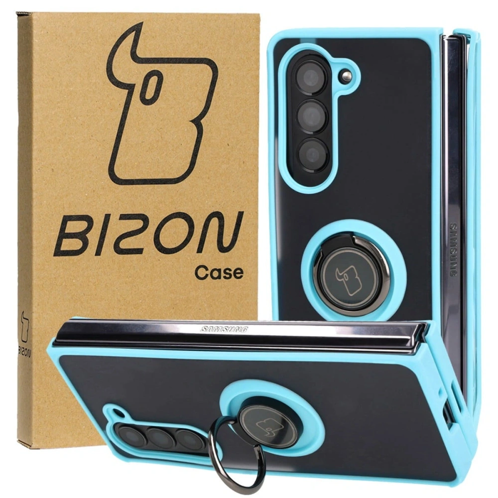 Etui z uchwytem na palec Bizon Case Hybrid Ring do Samsung Galaxy Z Fold5 przydymione z jasnoniebieską ramką