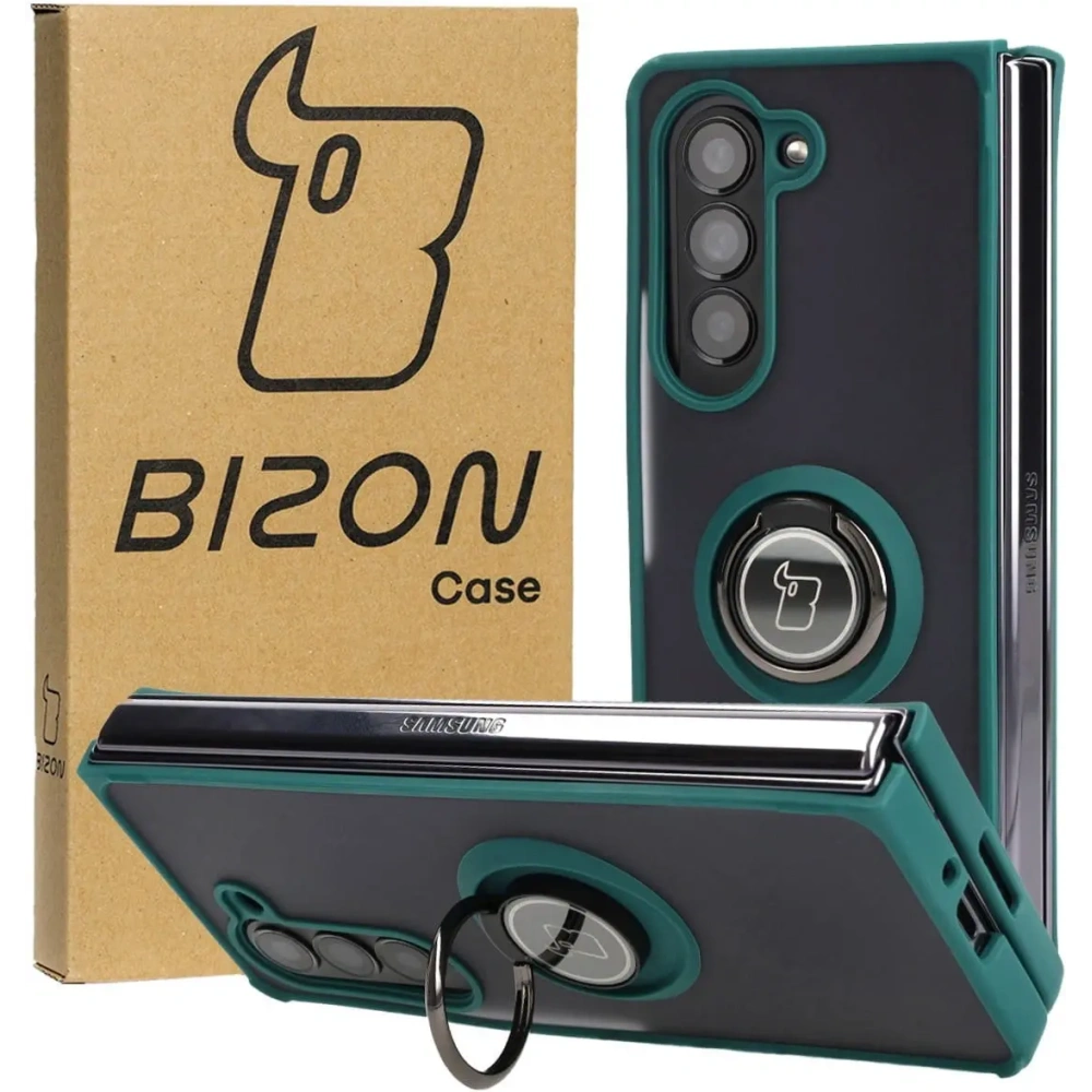 Etui z uchwytem na palec Bizon Case Hybrid Ring do Samsung Galaxy Z Fold5 przydymione z ciemnozieloną ramką