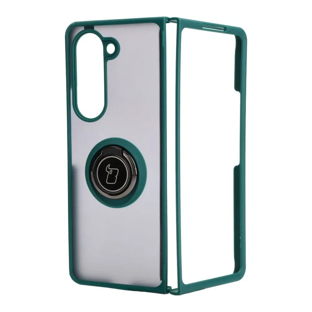 Etui z uchwytem na palec Bizon Case Hybrid Ring do Samsung Galaxy Z Fold5 przydymione z ciemnozieloną ramką