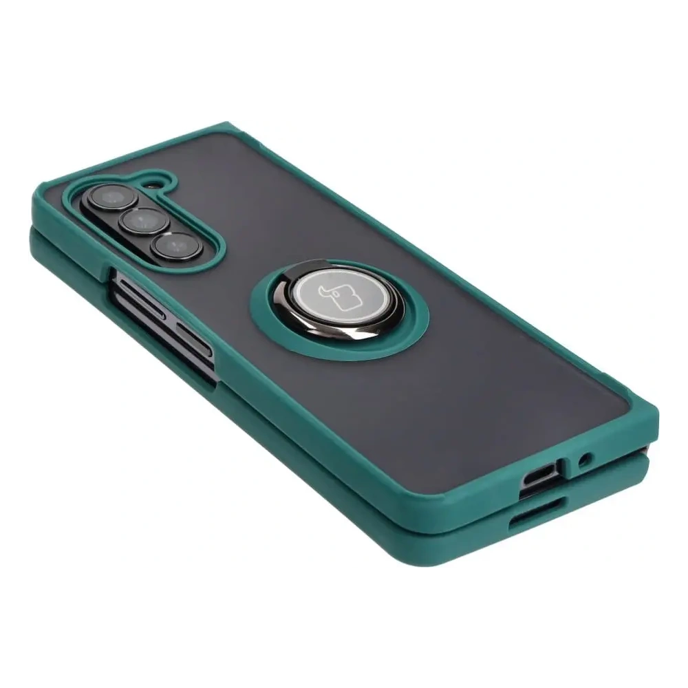 Etui z uchwytem na palec Bizon Case Hybrid Ring do Samsung Galaxy Z Fold5 przydymione z ciemnozieloną ramką