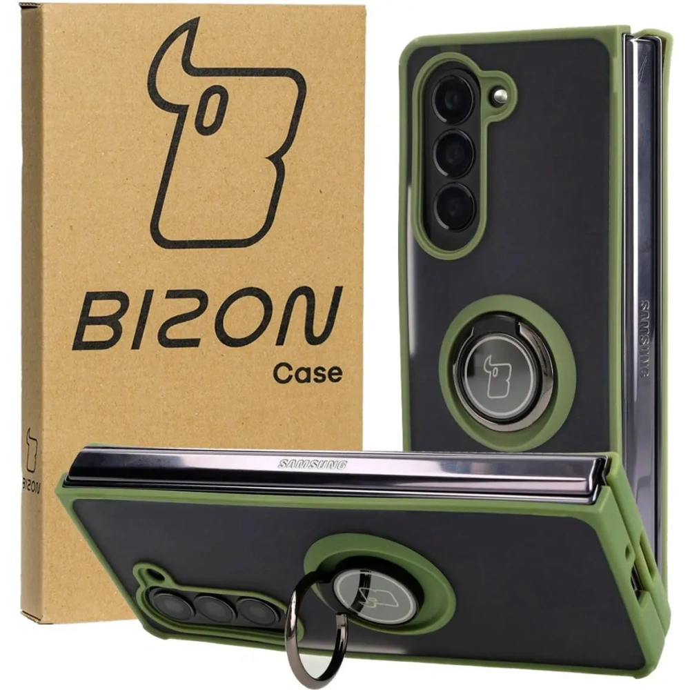 Etui z uchwytem na palec Bizon Case Hybrid Ring do Samsung Galaxy Z Fold5 przydymione z zieloną ramką