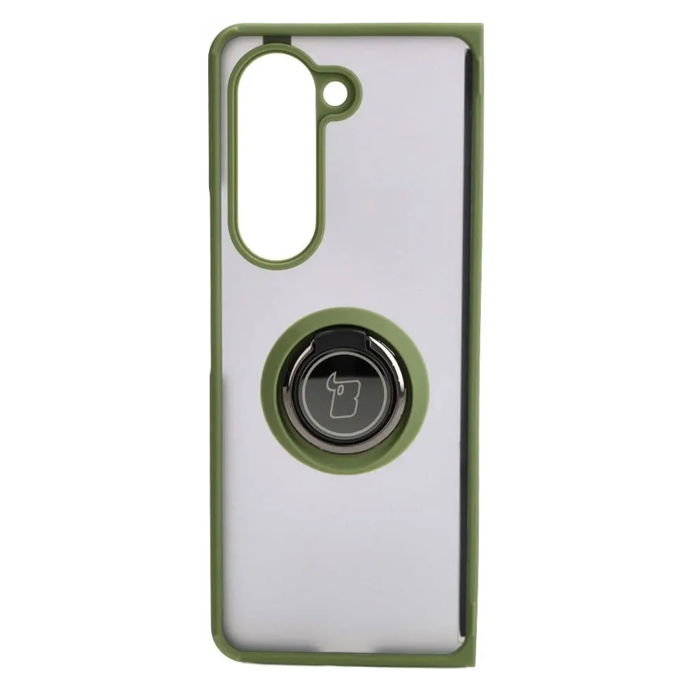 Etui z uchwytem na palec Bizon Case Hybrid Ring do Samsung Galaxy Z Fold5 przydymione z zieloną ramką