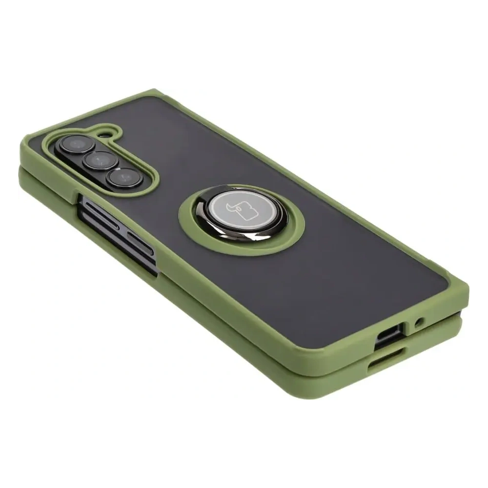 Etui z uchwytem na palec Bizon Case Hybrid Ring do Samsung Galaxy Z Fold5 przydymione z zieloną ramką