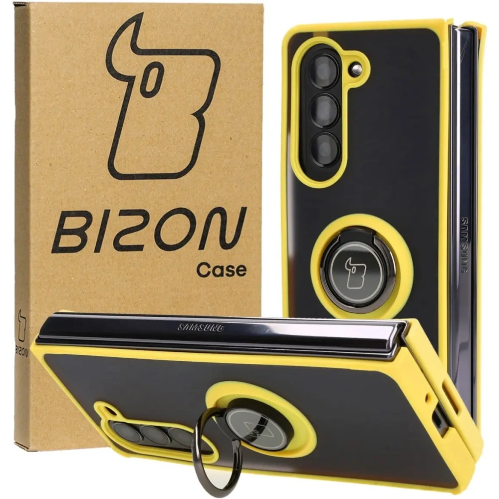 Etui z uchwytem na palec Bizon Case Hybrid Ring do Samsung Galaxy Z Fold5 przydymione z żółtą ramką