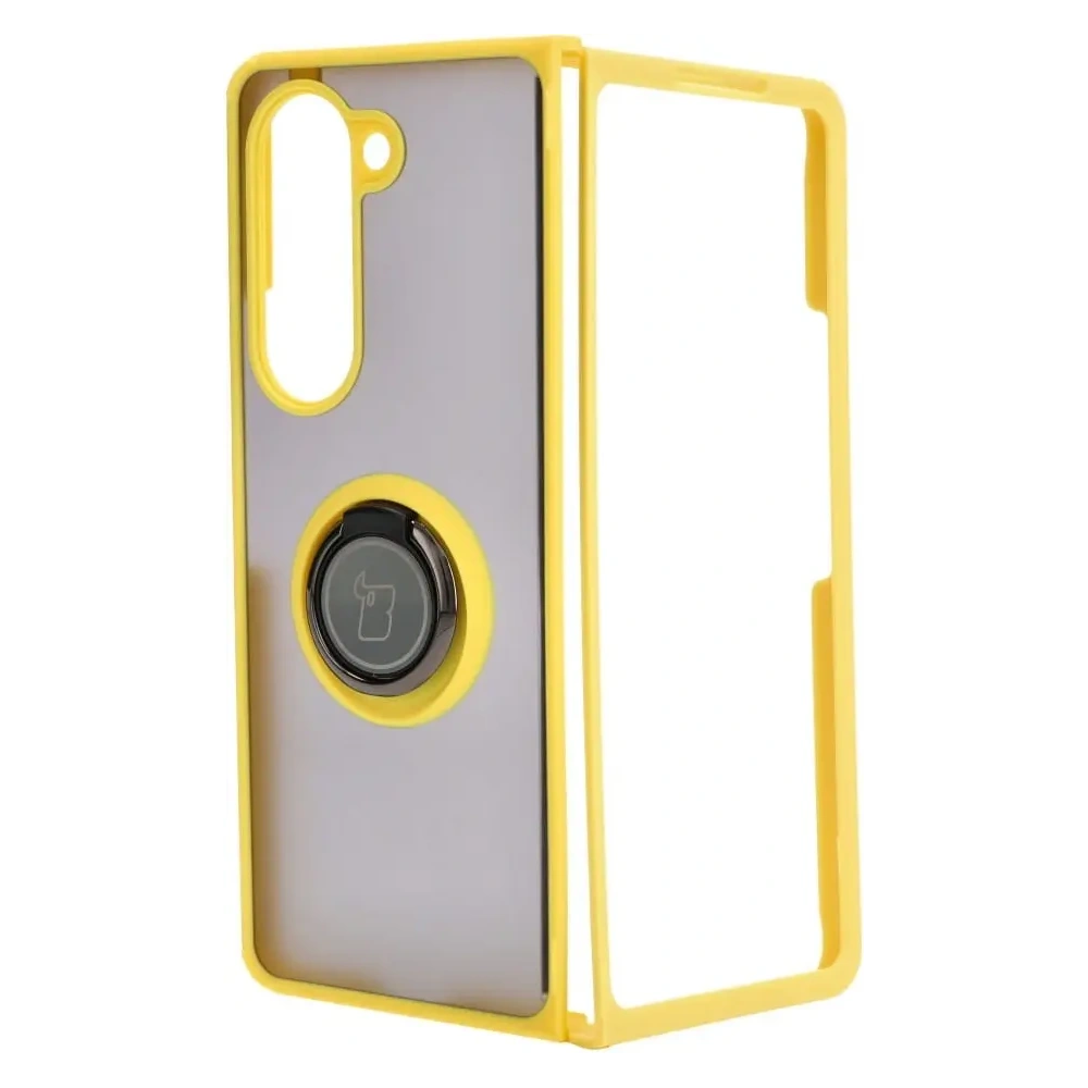 Etui z uchwytem na palec Bizon Case Hybrid Ring do Samsung Galaxy Z Fold5 przydymione z żółtą ramką