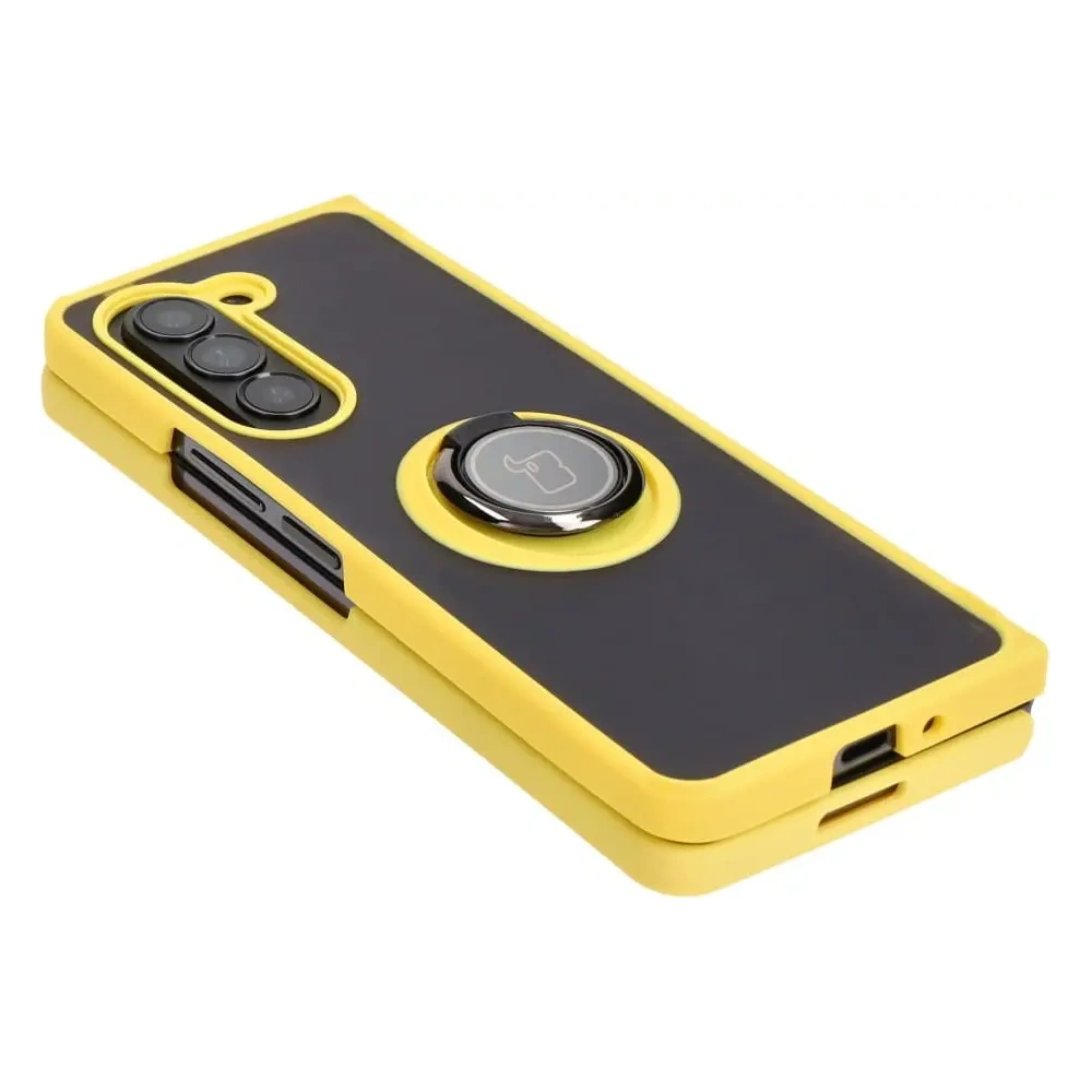 Etui z uchwytem na palec Bizon Case Hybrid Ring do Samsung Galaxy Z Fold5 przydymione z żółtą ramką