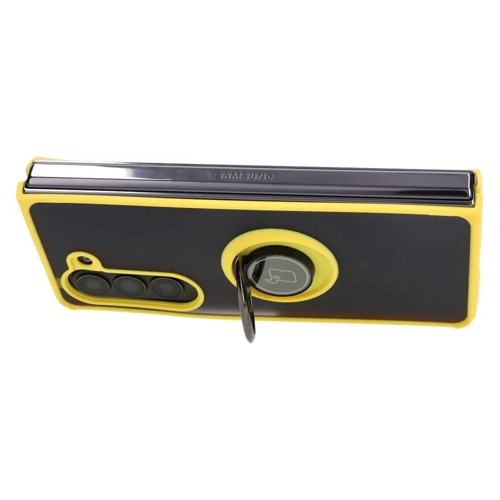 Etui z uchwytem na palec Bizon Case Hybrid Ring do Samsung Galaxy Z Fold5 przydymione z żółtą ramką