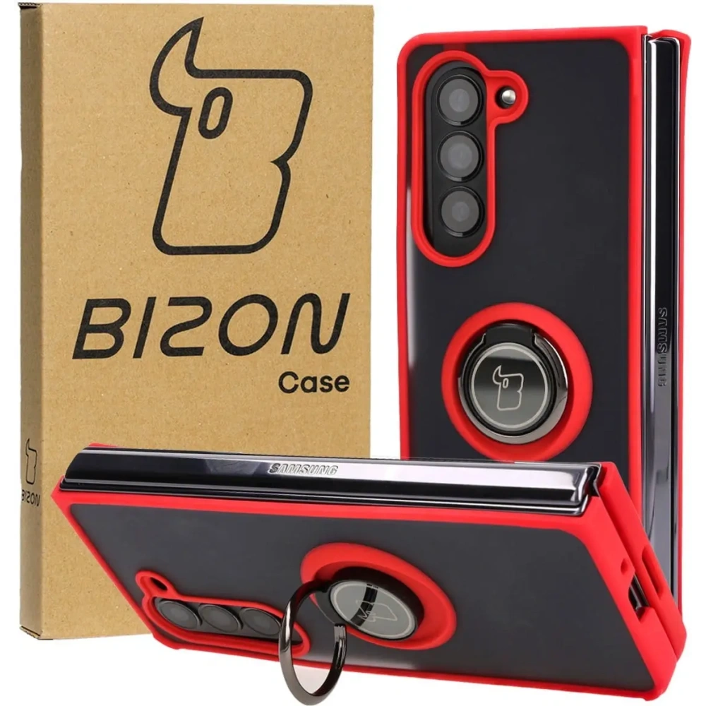 Etui z uchwytem na palec Bizon Case Hybrid Ring do Samsung Galaxy Z Fold5 przydymione z czerwoną ramką