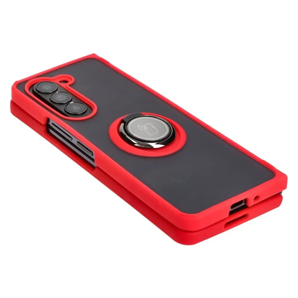 Etui z uchwytem na palec Bizon Case Hybrid Ring do Samsung Galaxy Z Fold5 przydymione z czerwoną ramką