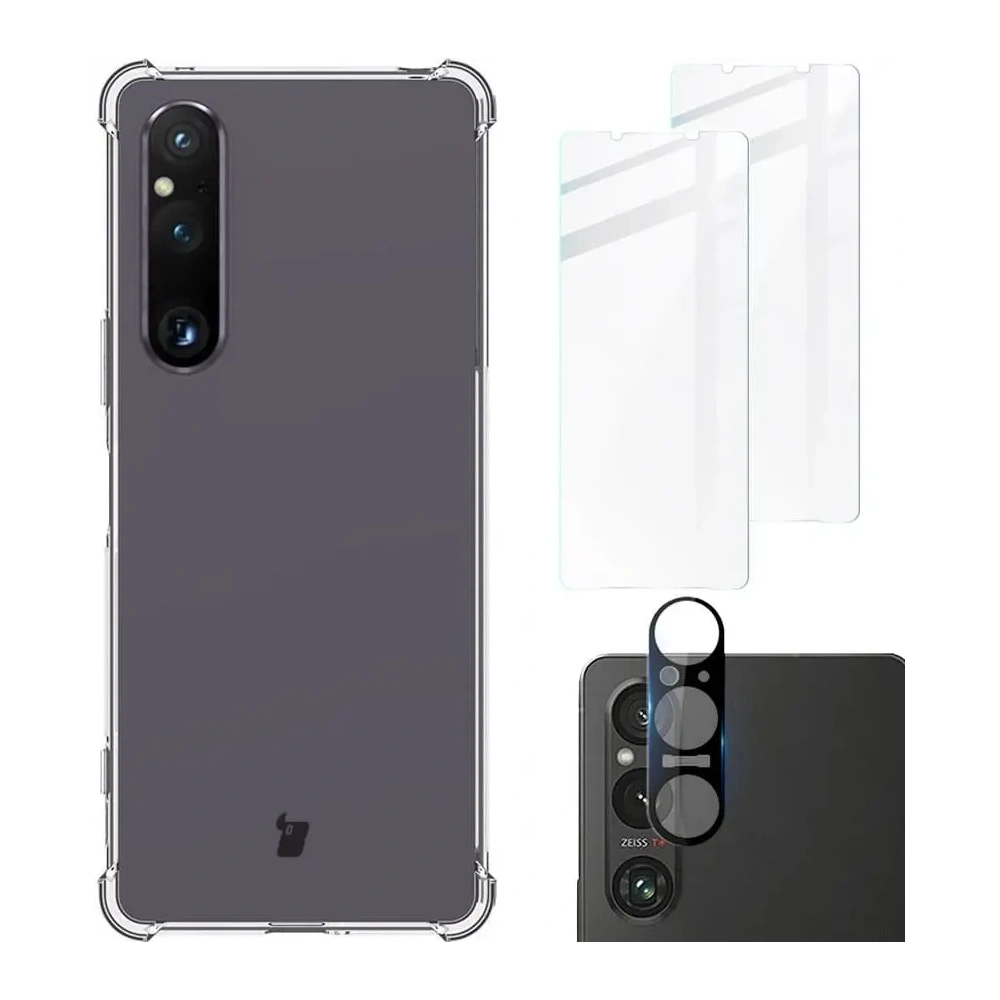 Etui + 2x szkło na ekran + obiektyw Bizon Case Clear Pack do Sony Xperia 1 V przezroczyste