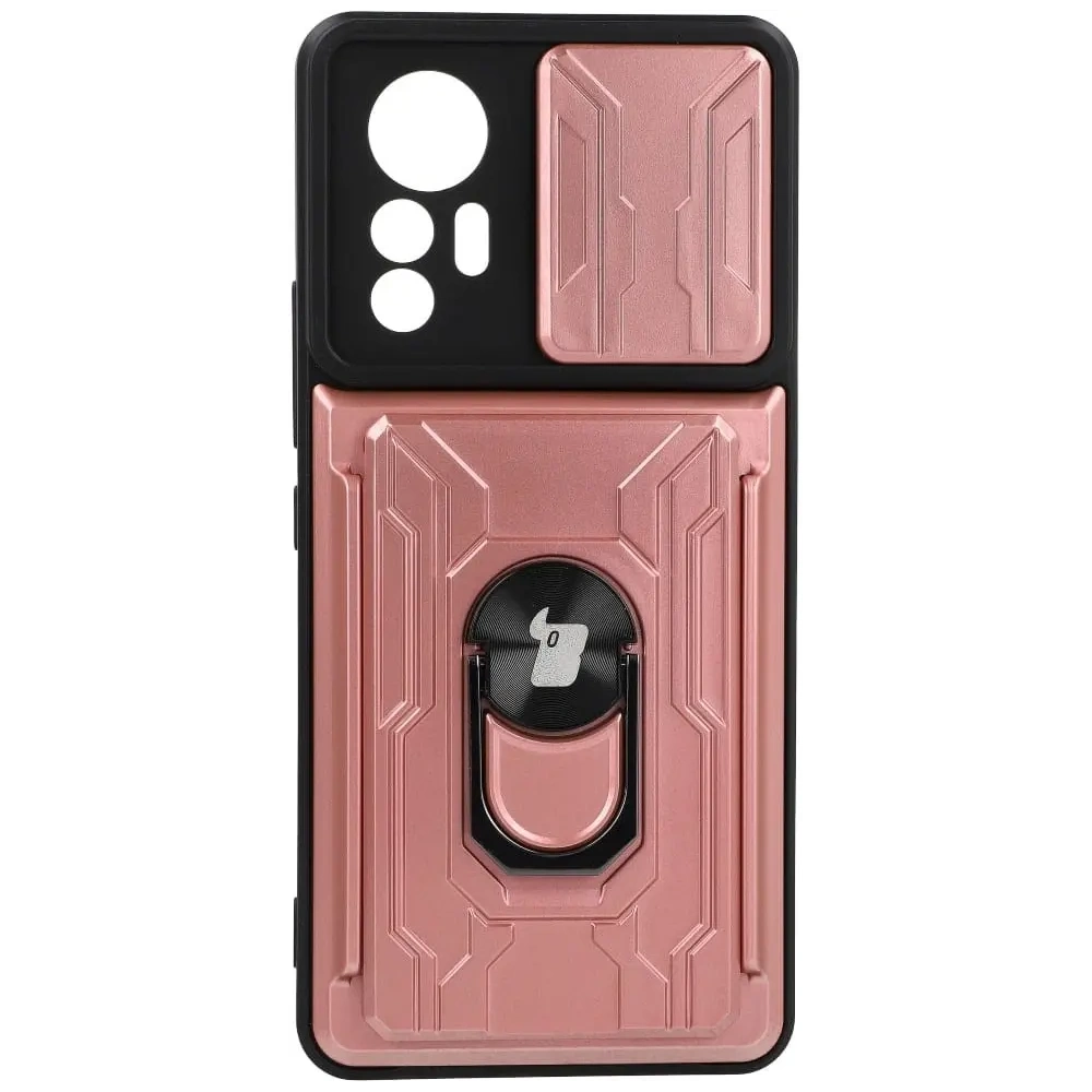 Etui Bizon Case Camshield Card Slot Ring do Xiaomi 12 Lite jasnoróżowe