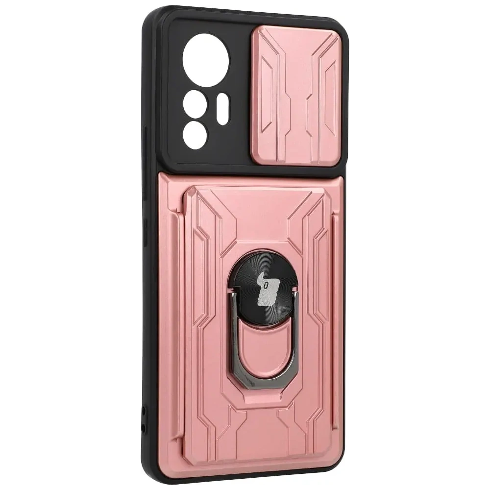 Etui Bizon Case Camshield Card Slot Ring do Xiaomi 12 Lite jasnoróżowe