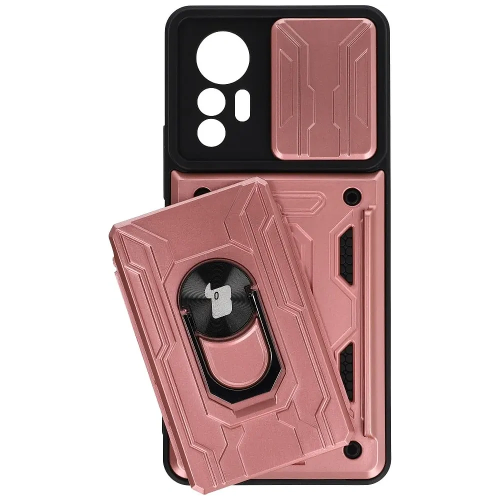 Etui Bizon Case Camshield Card Slot Ring do Xiaomi 12 Lite jasnoróżowe