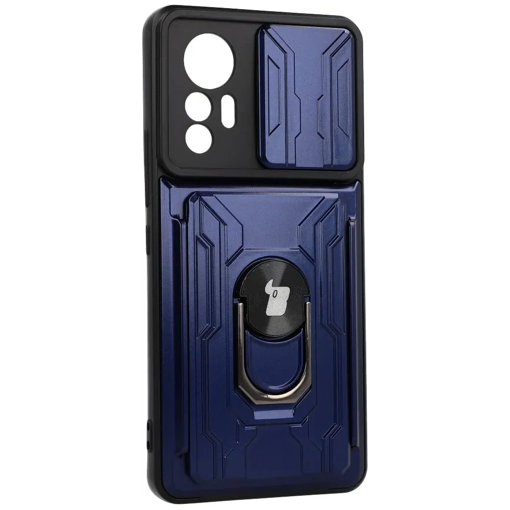 Etui Bizon Case Camshield Card Slot Ring do Xiaomi 12 Lite granatowe