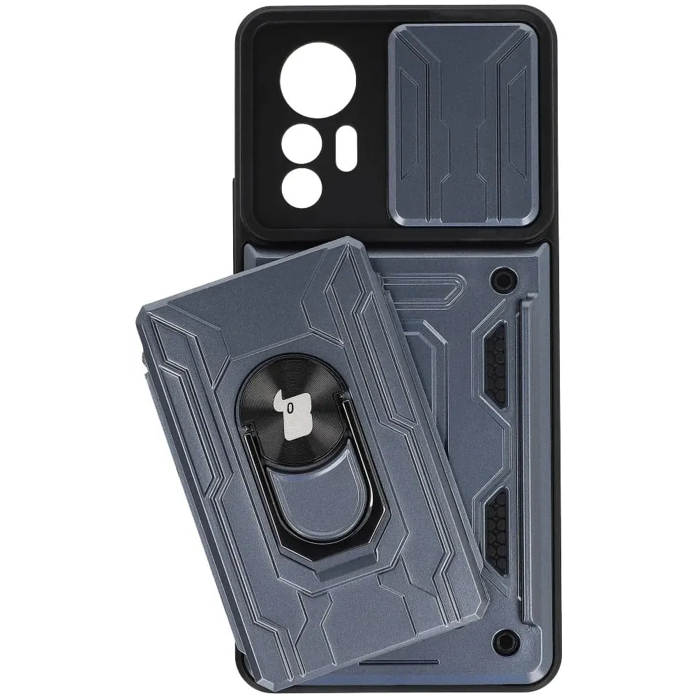Etui Bizon Case Camshield Card Slot Ring do Xiaomi 12 Lite szare