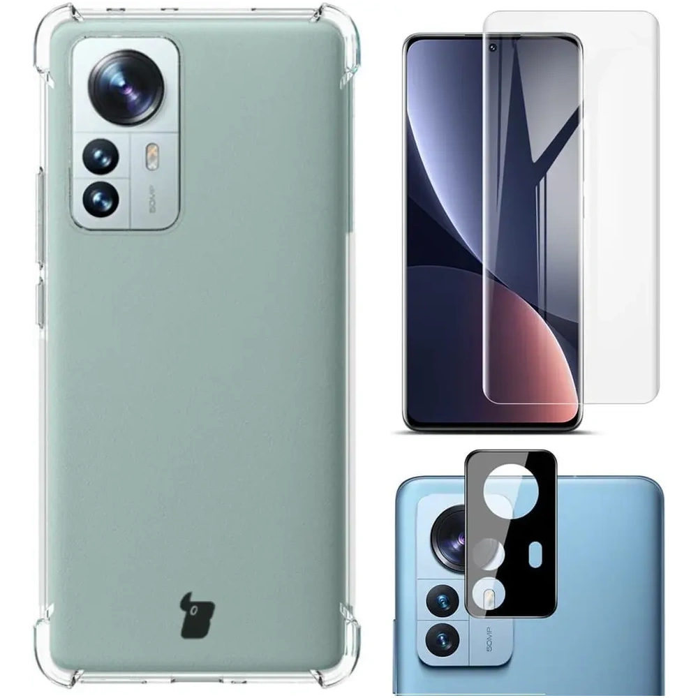 Etui + 2x folia + obiektyw Bizon Case Clear Pack do Xiaomi 12 Pro przezroczyste