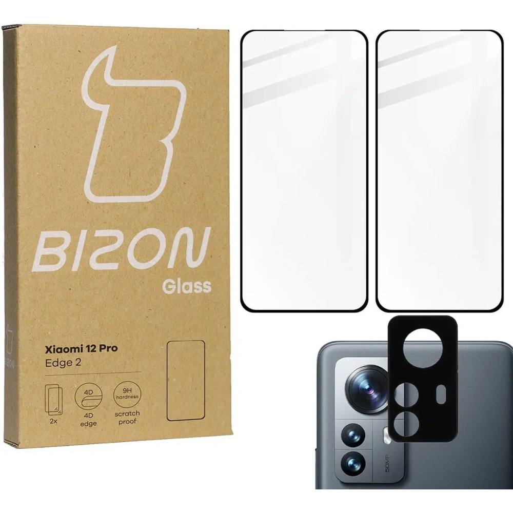 Szkło hartowane Bizon Glass Edge 3D - [2 PACK] + ochrona na obiektyw Xiaomi 12 Pro czarne