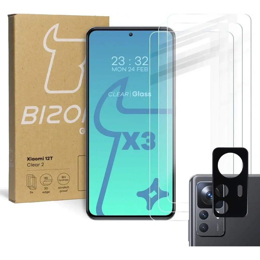 3x Szkło na ekran + szkło na aparat BIZON Clear 2 do Xiaomi 12T