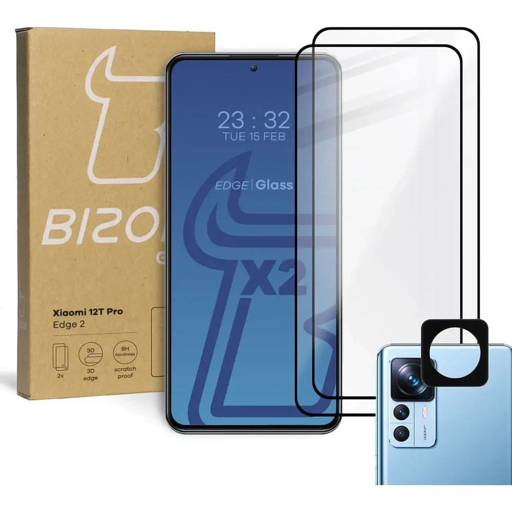 2x Szkło na ekran + szkło na aparat BIZON Edge 2 do Xiaomi 12T Pro